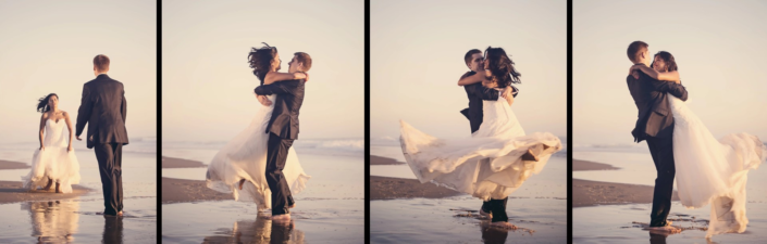 Série de photos de mariage dans le portfolio d'un photographe, capturant un couple sur une plage près de Bordeaux.