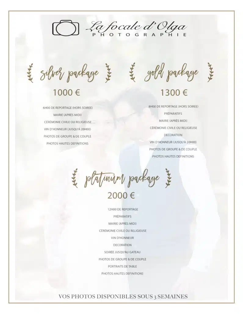 Guide tarifaire abordable pour photographie de mariage à Bordeaux par La Focale d'Olga, options variées pour tous les budgets.